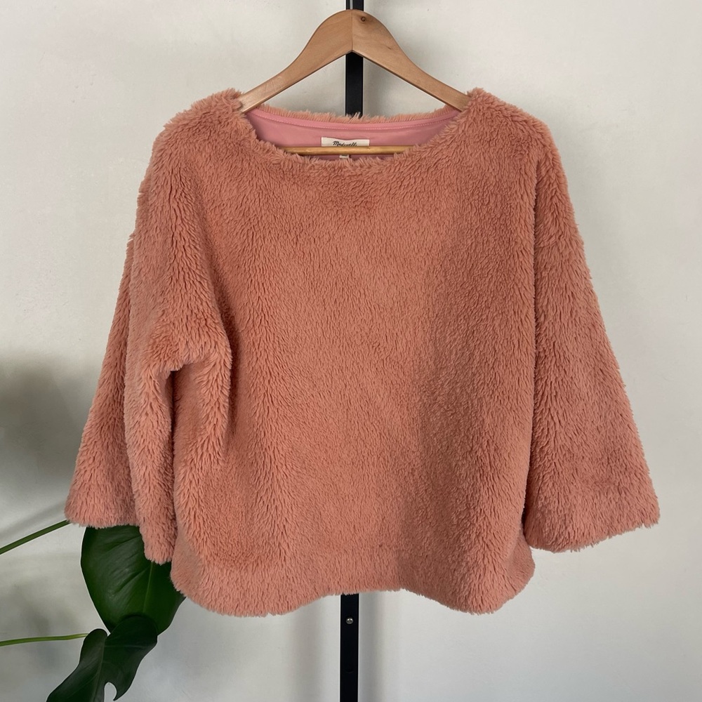 Madewell S Blush Pink Faux Fur 3/4 Sleeve Fleece top Measurements in Photos